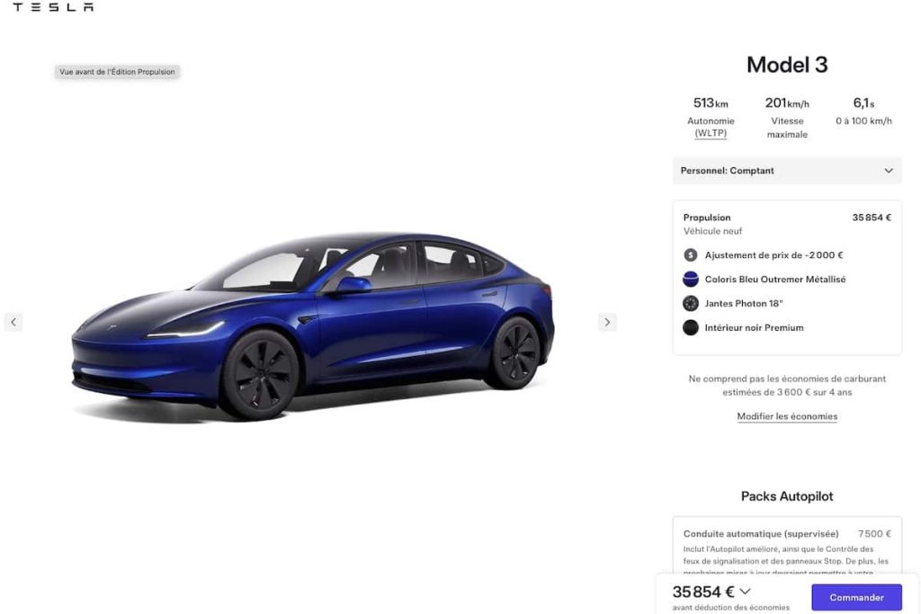 Découvrez la Tesla Model 3 Propulsion à un prix incroyable de seulement 35 854 € en France !
